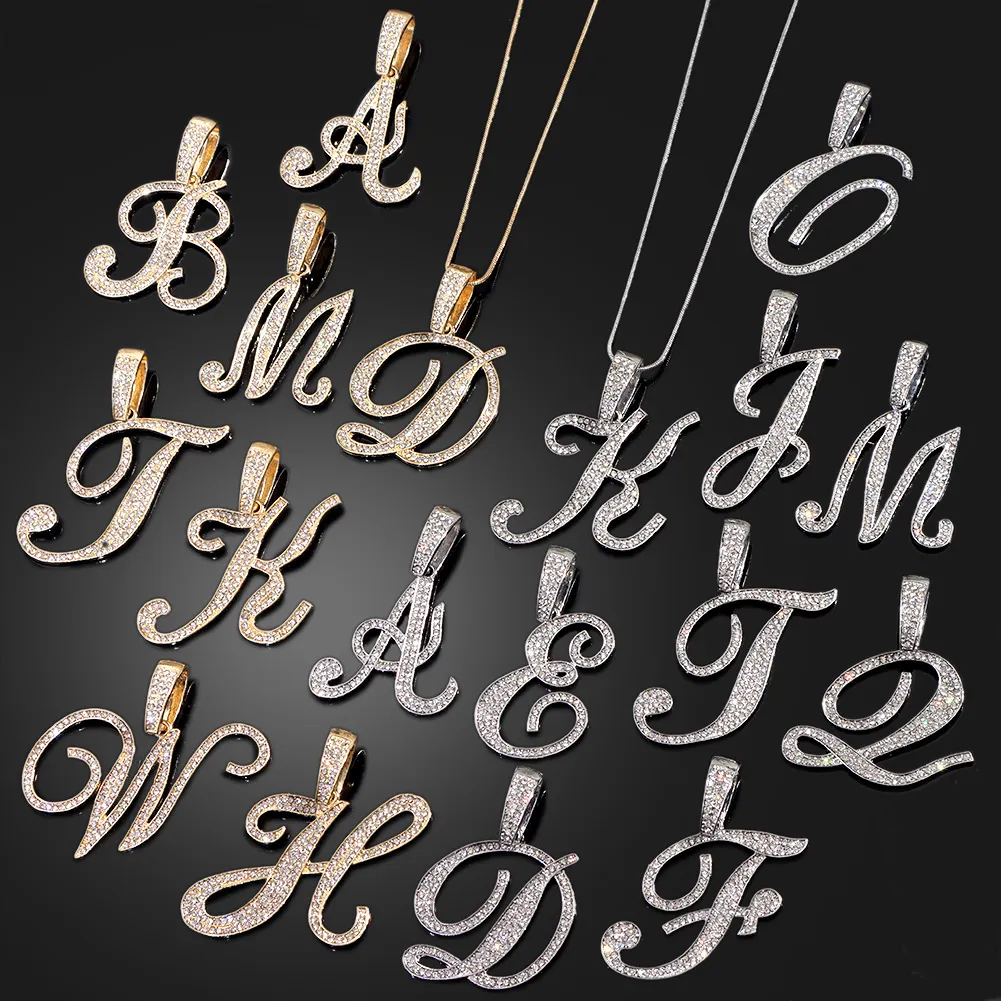 Ketten Bling Iced Out Gepflasterte Strass Kursivbuchstaben Anhänger Halskette Für Frauen Mode A-Z Initial Seil Kette_voghion.com