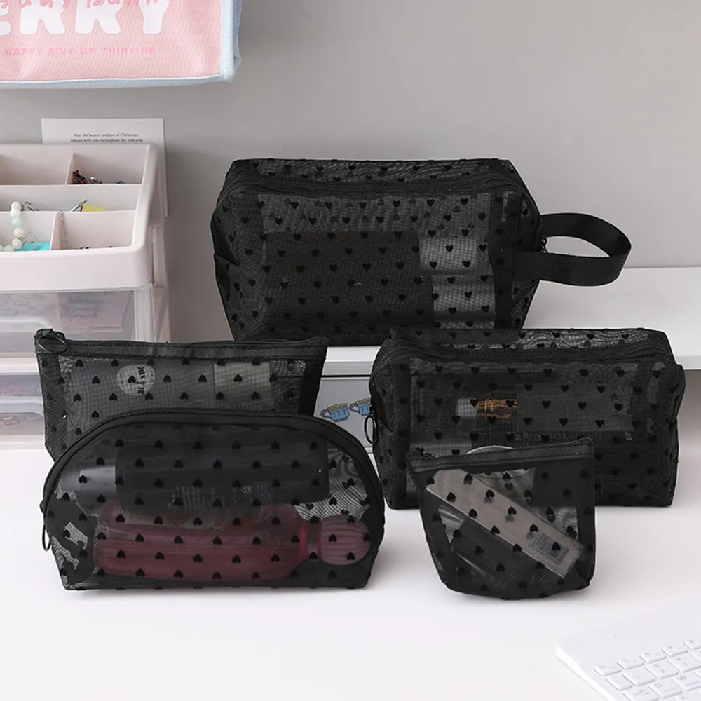 5Pcs Love Print Mesh Cosmetic Portable Toiletry Organizer Makeup Bag Multifunction Transparent Women Lipstick Storage_voghion.com