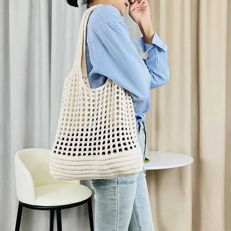 Knitted hollow shoulder lower arm bag large capacity crochet hook womens shopping casual beach handbag Y241011_voghion.com