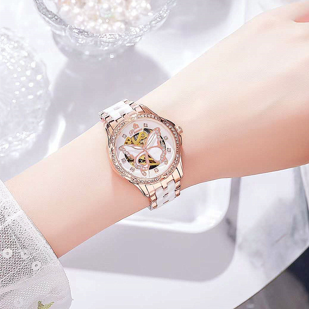 Fasionable Diamant Inlaid New Women's Micro Nigt Glow Vollautomatesch mechanesch Waasserdicht Keramik Wit Fiichtegkeet_voghion.com