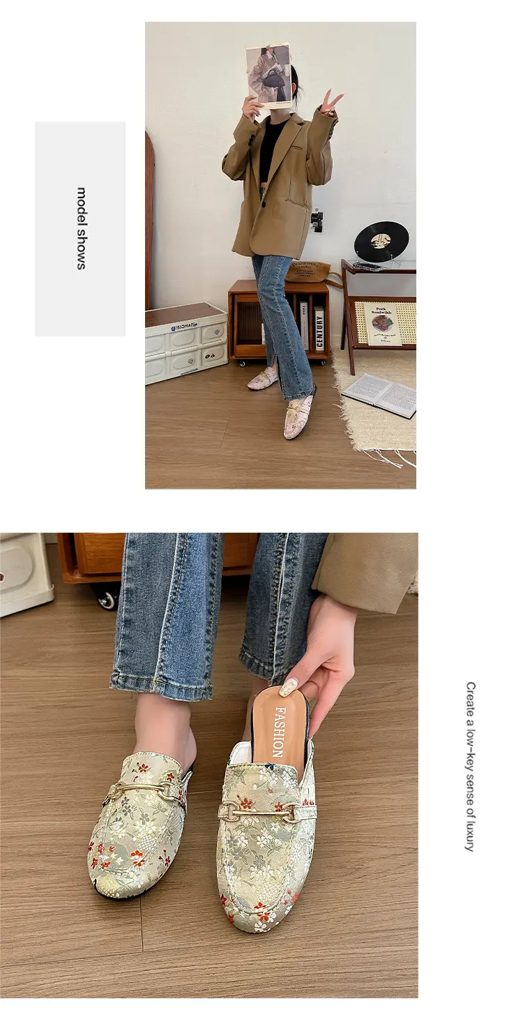 Embroidered Floral Flat Sandals For Women Versatile Half Slippers_voghion.com