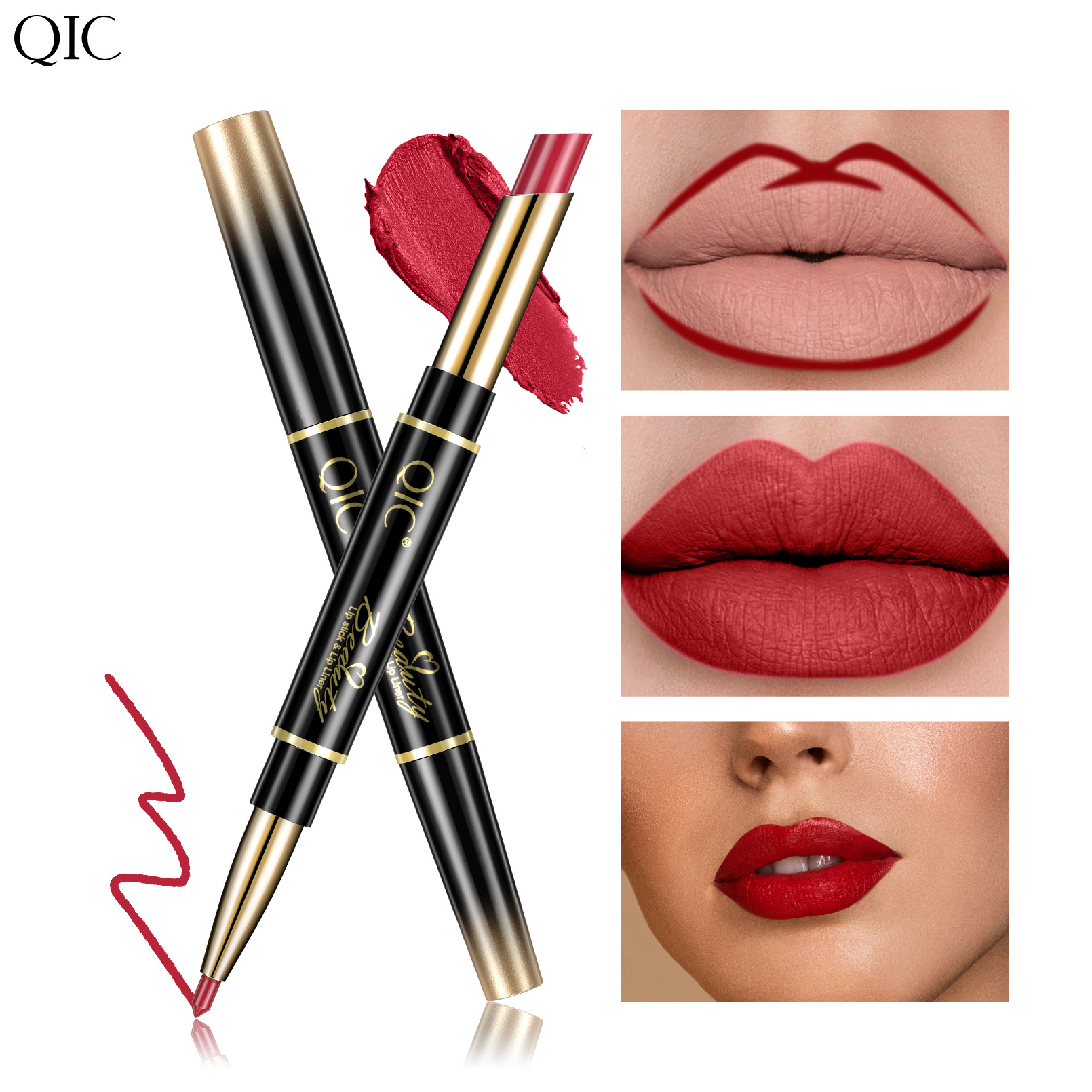 QIC lipliner lip makeup women are not easy to decolorize line hook double head rotary matte paint lipstick pen_voghion.com
