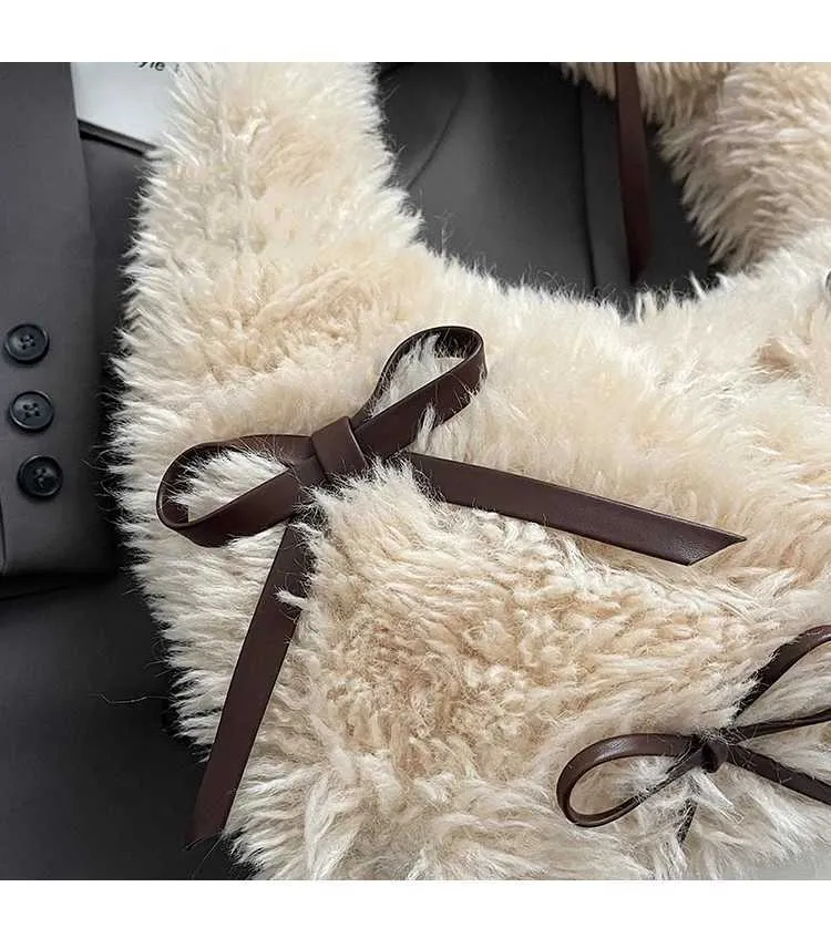 Sac à main en peluche douce pour femme, solide, moelleux, nœuds, appliques, épaule, femme, automne, hiver, mignon, sous les aisselles, paquets, poignée, dame_voghion.com