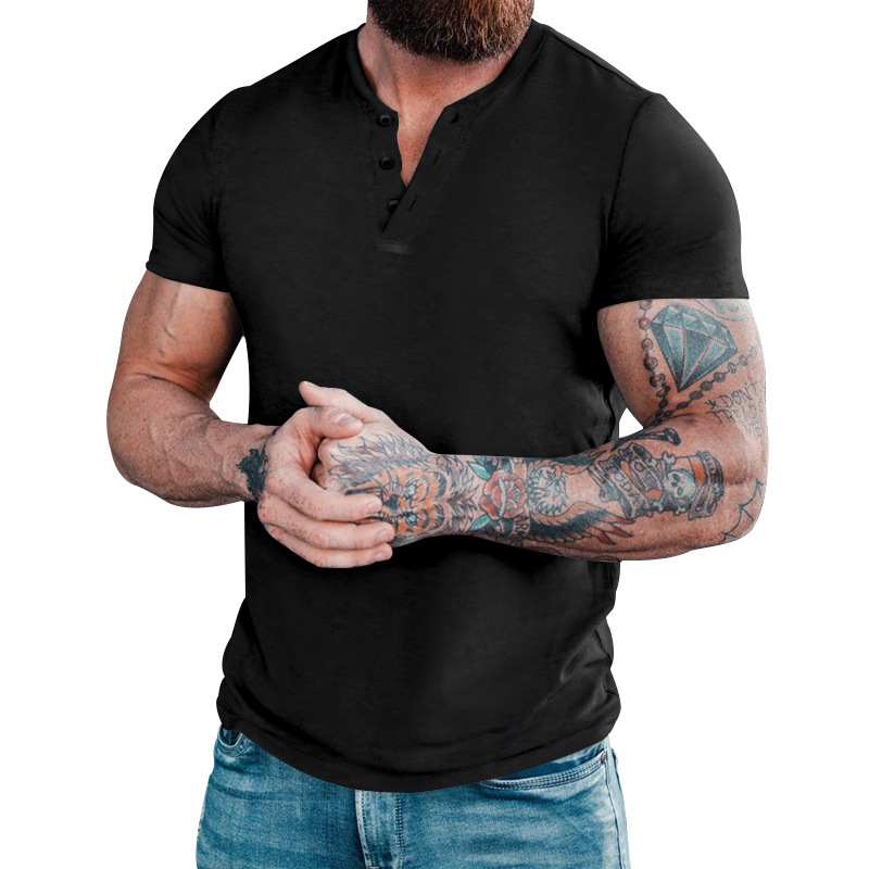 2023 Neues Sommer-T-Shirt für Herren, lässig, einfarbig, kurzärmelig, Rundhalsausschnitt, Pullover, Knopfleiste, Henley-Shirt_voghion.com