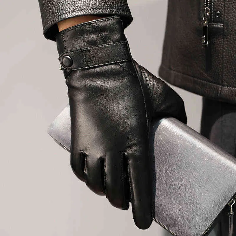 Gants de moto en cuir de mouton pour hommes d'affaires d'automne et d'hiver avec écran tactile et doigts complets, noirs, NR196 211224_voghion.com