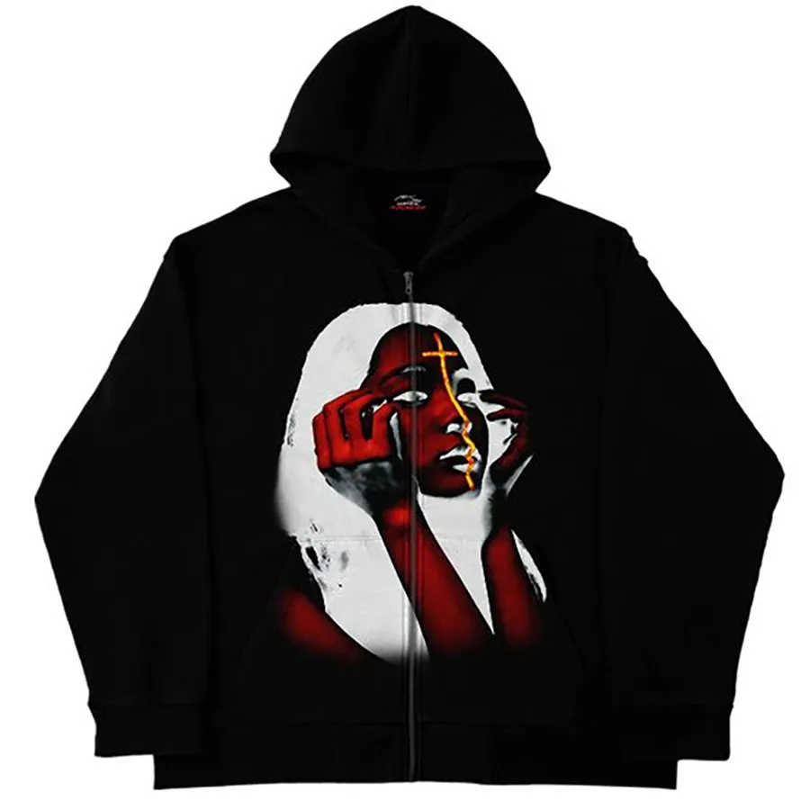 Men's Hoodies Y2K American Vintage Hoodie Men Winter 2024 Goth Haruku Alphabet Print Oversized Street Zipper Casual Loose_voghion.com