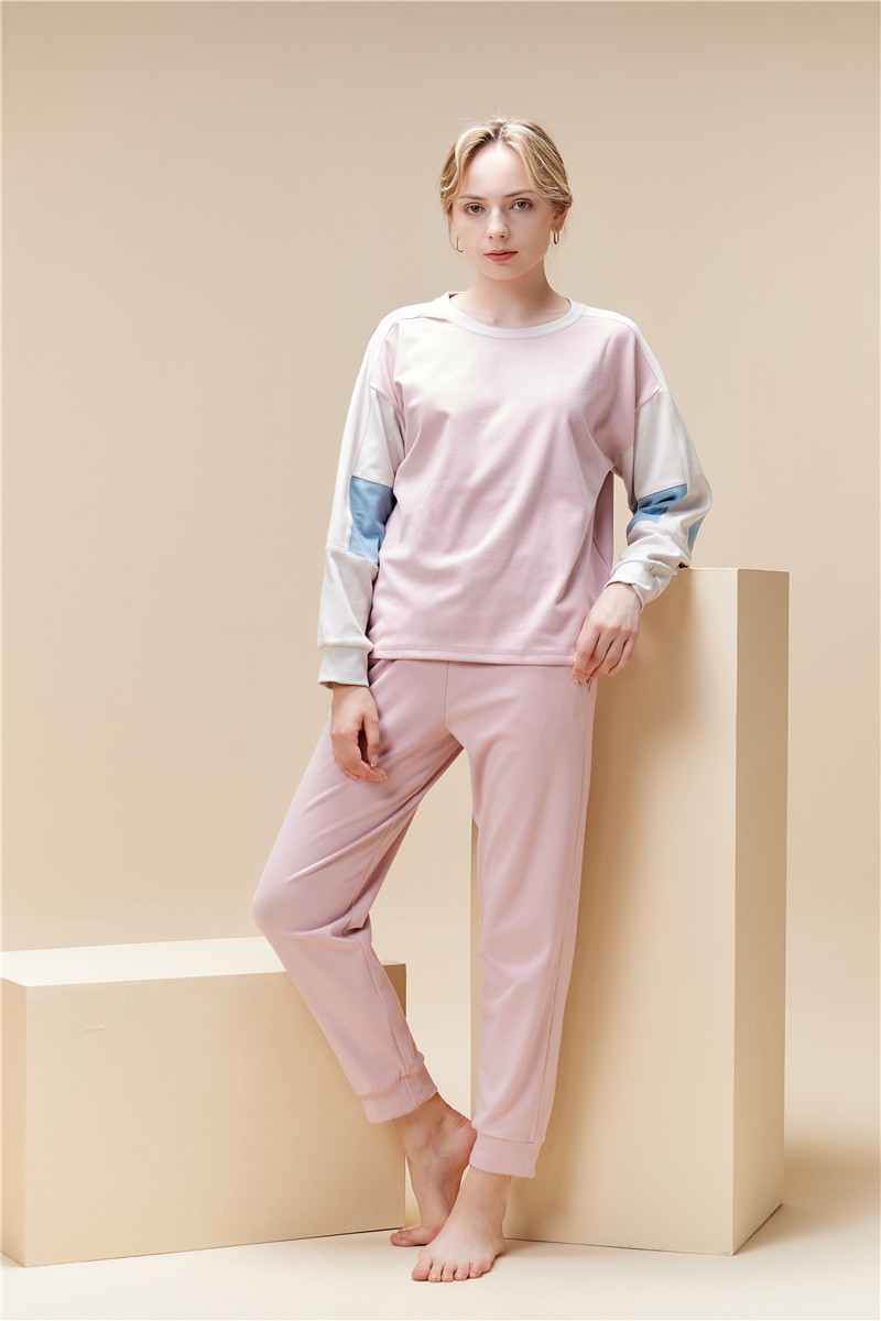Pigiama da donna con scollo tondo, colore testa a contrasto, caldo e morbido set da indossare per la casa_voghion.com