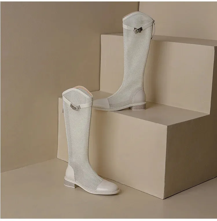 Breathable Leather Mesh Long Boots For Women Fashionable Sandals_voghion.com
