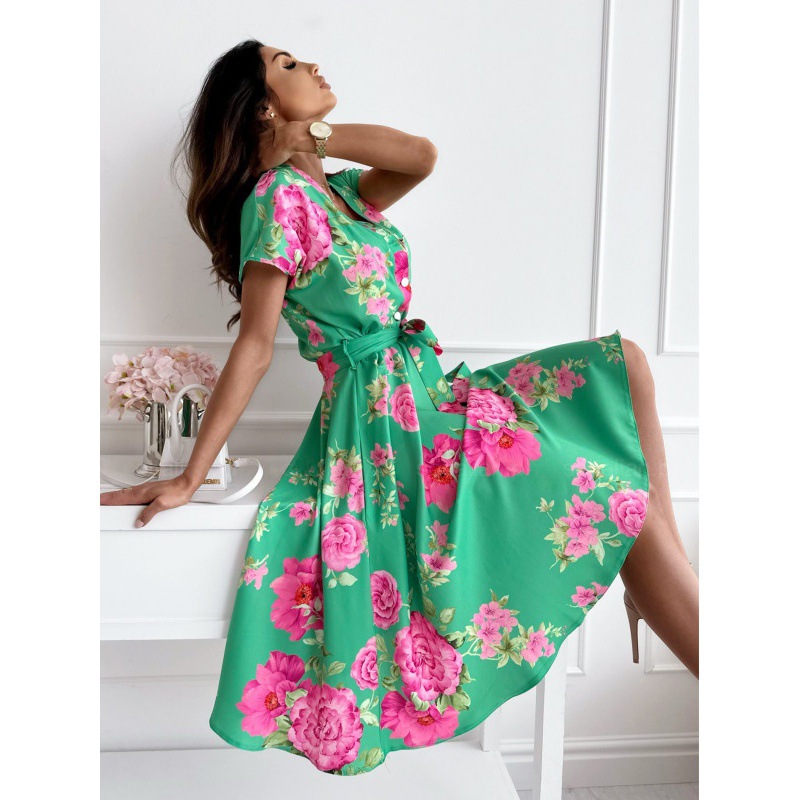 Women’s fashion printed flowers V-neck short sleeve long skirt women