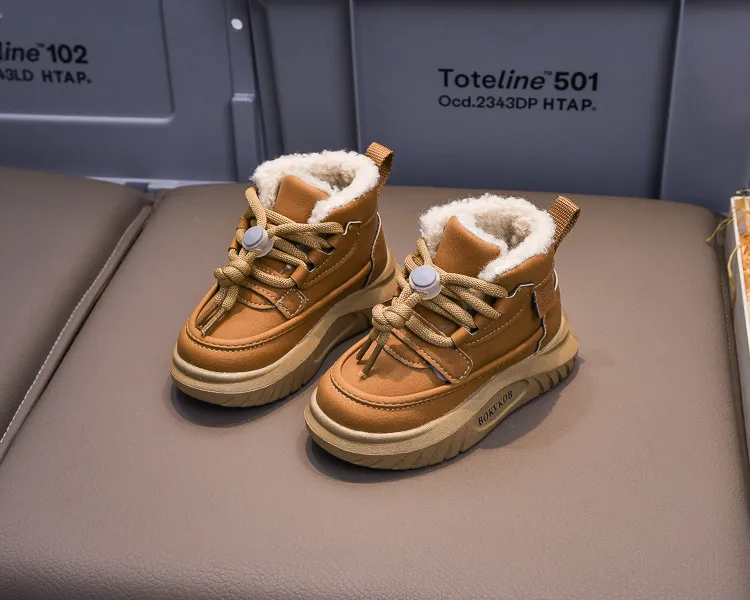 Toddler PU Leather Snow Children Thick Warm Boy's Cotton Anti-slip Girl Fur Boots For Cutefeet Kids Winter Plush Shoes_desvips.com