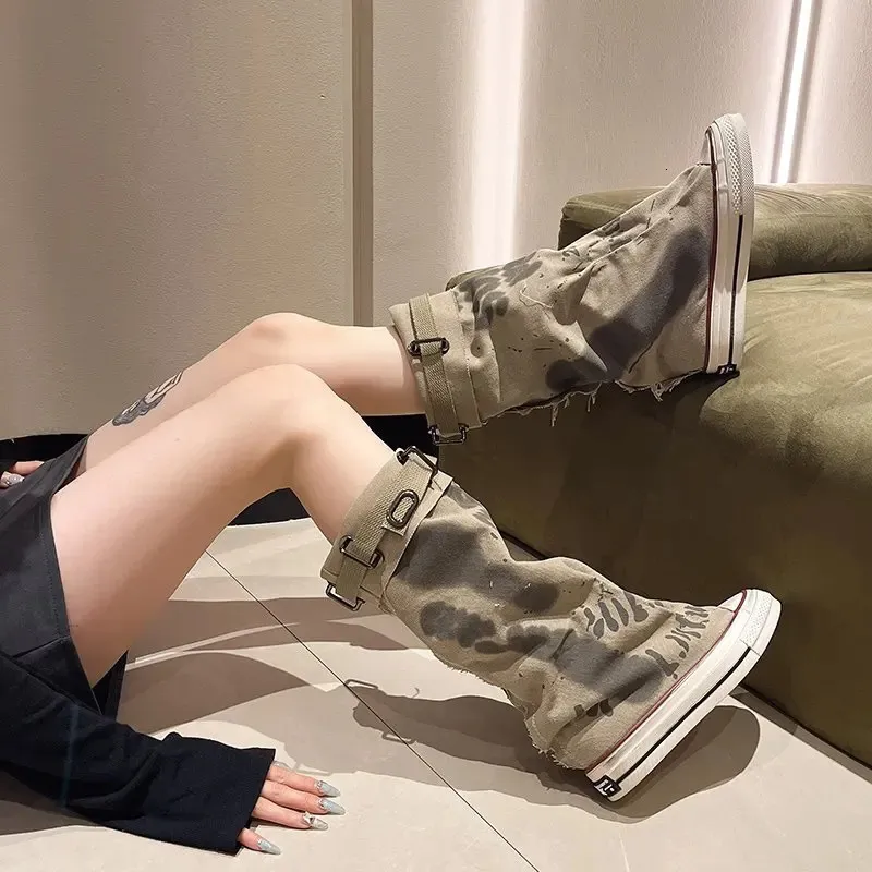 Graffiti High Top Canvas Shoes Womens Spring Wide Mid 2024 New Trouser Barrel Stacking Boots 240628_voghion.com