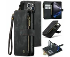 CaseMe C30 für 16 Pro Max, Vintage-Leder-Folio-Reißverschluss-Brieftaschenhülle mit Magnetverschluss und 7 Kartenfächern (Schwarz)_voghion.com
