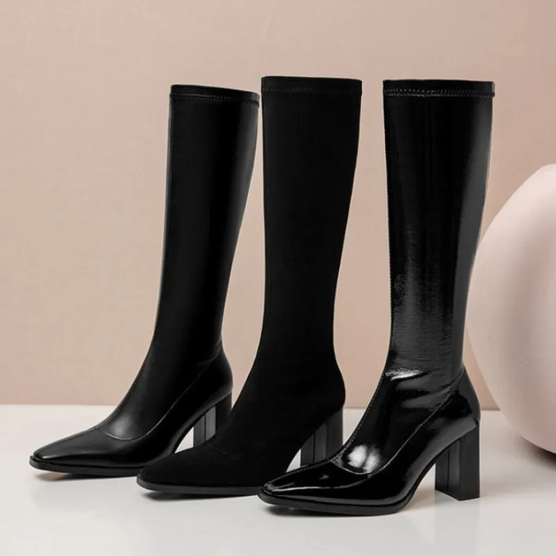 Knee Boots Zipper Thick High Heel Shoes Women Square Toe Winter Warm Long Boot Leather Party Footwear Size 34-39_voghion.com