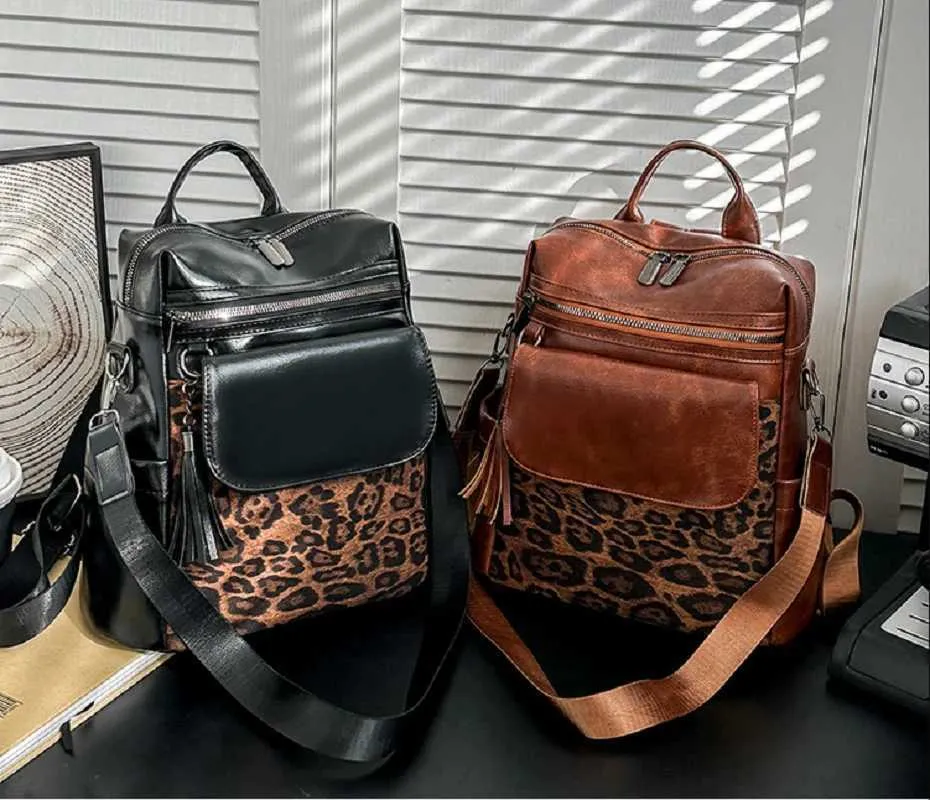 Sacs à dos de voyage en cuir vintage léopard pour femmes, nouvelle mode, grande capacité, sacs à bandoulière, fourre-tout, sac d'école, bandoulière_voghion.com