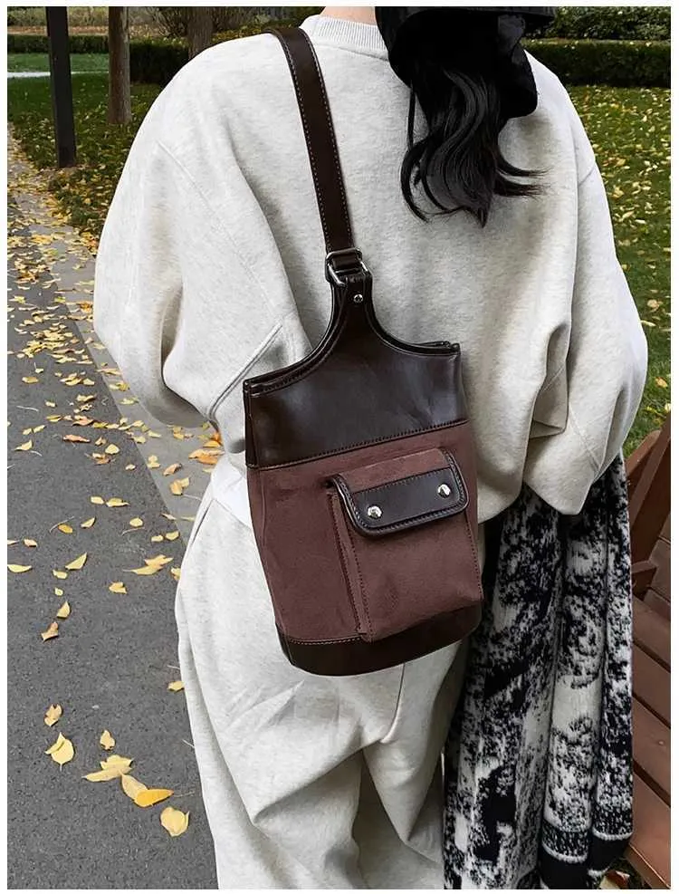 Borsa a tracolla in pelle scamosciata alla moda con toppa in PU per donna, colore a contrasto, casual, grande capacità, tracolla per la spesa da donna_voghion.com