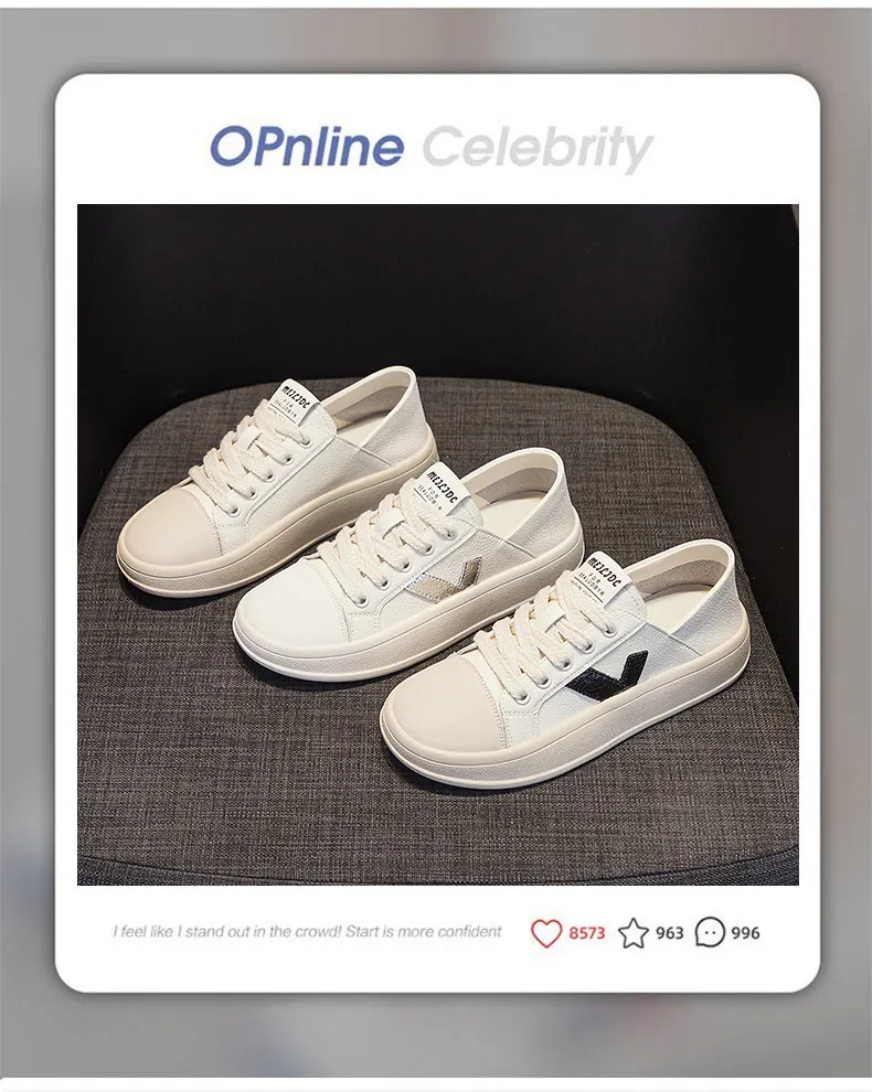 Damen Leder Runde Zehen V-förmig Dicke Sohle und Flache Öffnung Kleine Weiße Lässige Vielseitige Zweiteilige Sport-Boardschuhe_voghion.com