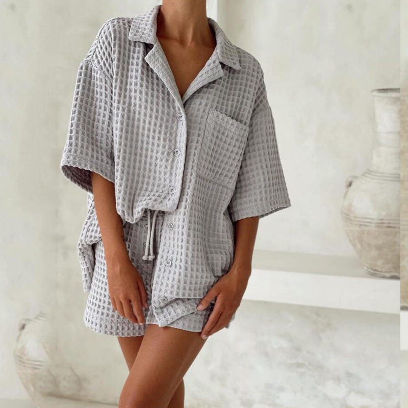 Women's fashion casual short-sleeved V-neck shirt shorts Solid color sports girls two-piece suit_voghion.com