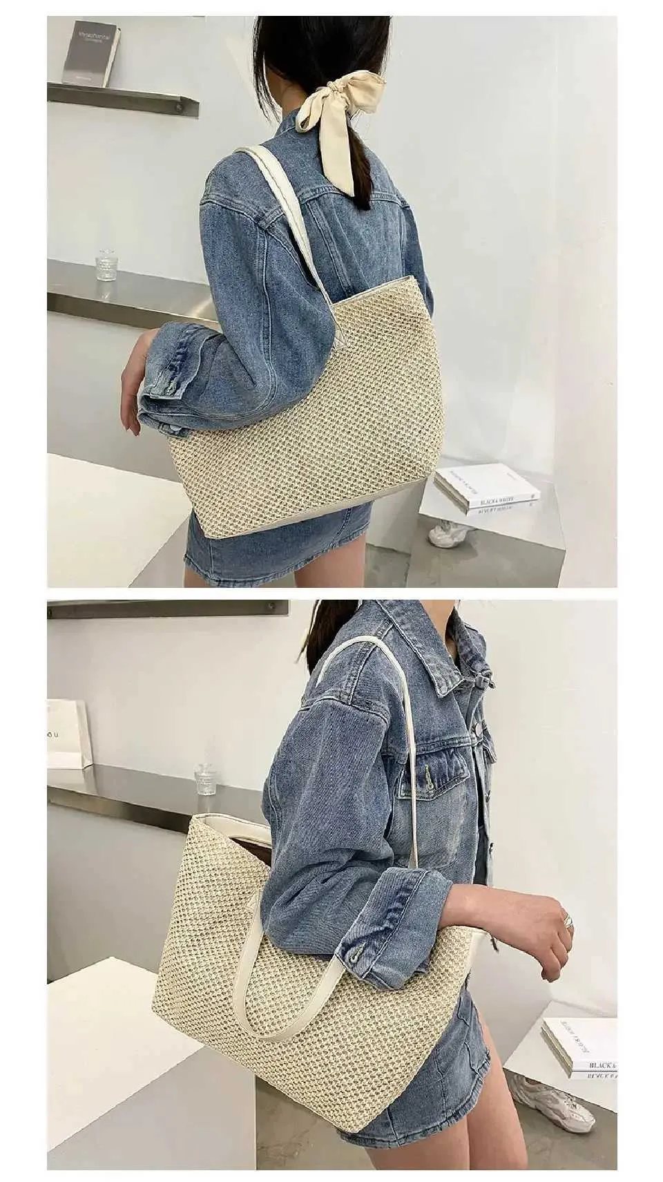 2024 Summer Beach Straw Large Capacity Shopping Solid Color Shoulder Makeup Bag Casual Womens Wallet Handbag Y241011_voghion.com