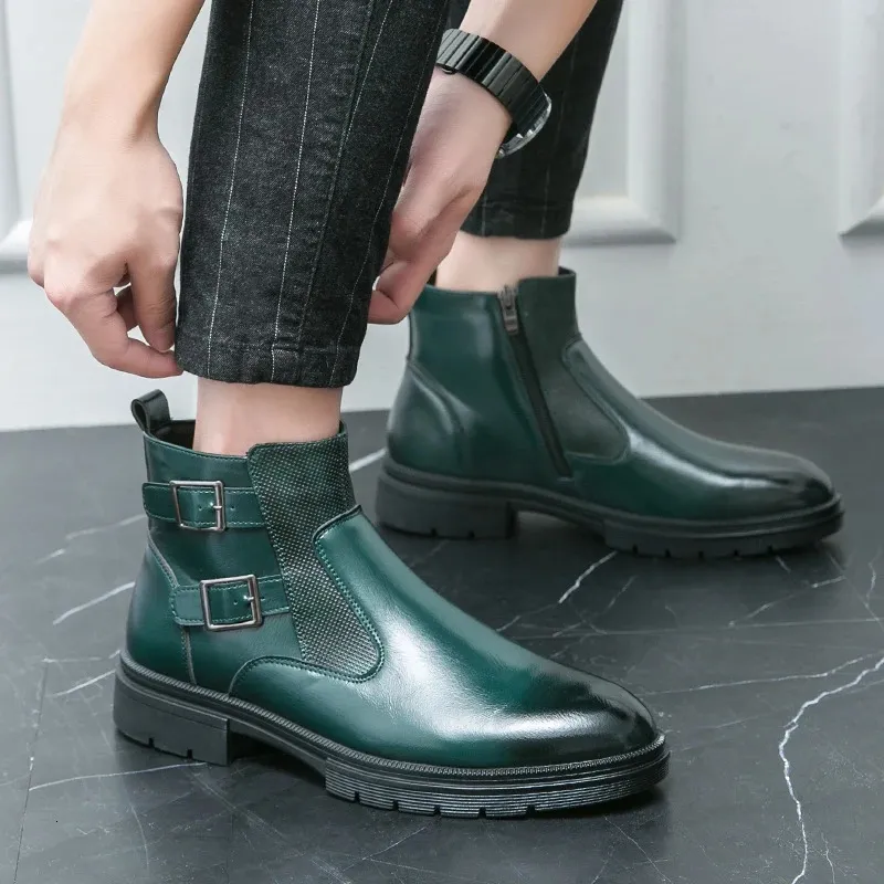 Classic Leather Business Ankle Boots For Men With Double Buckle_voghion.com