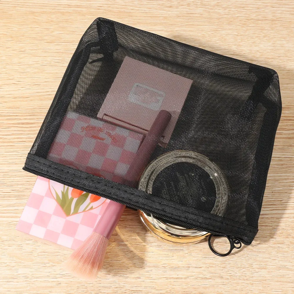 Sacs à cosmétiques transparents en maille 3 tailles, petit et grand sac de maquillage noir, organisateur de toilette de voyage Portable, rangement de rouge à lèvres_voghion.com