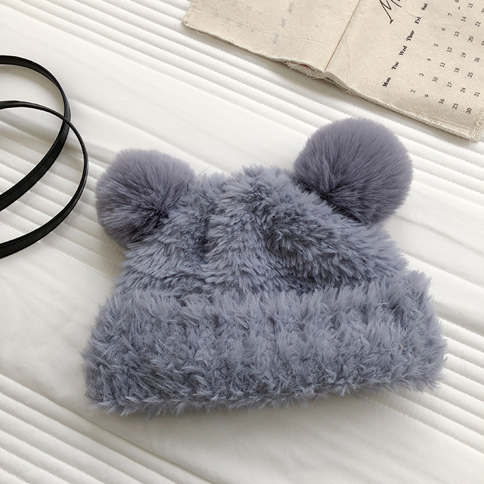 Autumn and Winter Cute Little Bear Plush Ear Protection for Children's Versatile Warmth Double Hair Ball Knitted Hat_voghion.com