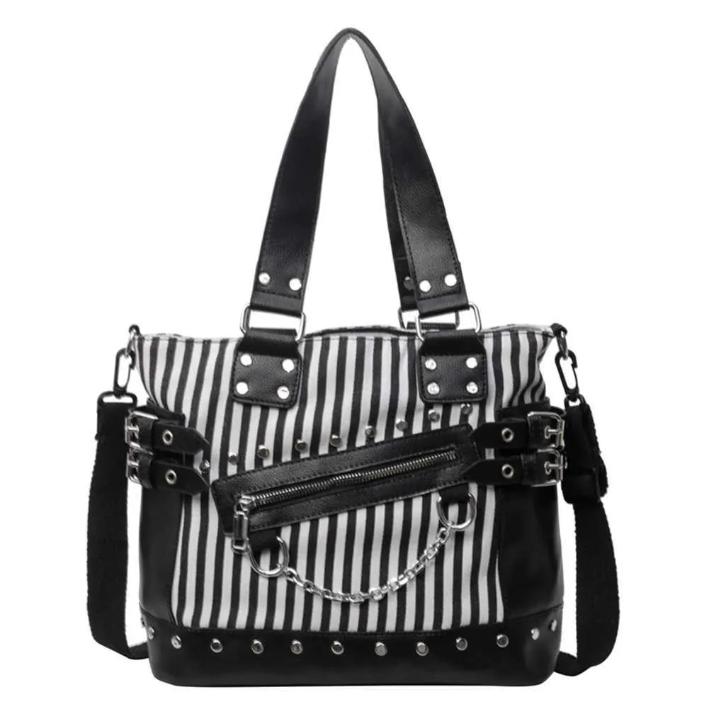 Frauen Schulter Mode Patchwork Handtasche Große Kapazität PU Punk Gestreiften Stilvolle Umhängetasche Chic Hobo Ba241216_voghion.com
